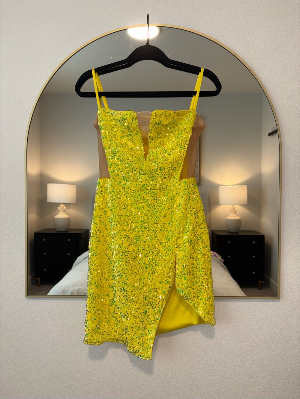 Source Unknown Neon Yellow Sequin Mini Dress with Sheer Insets